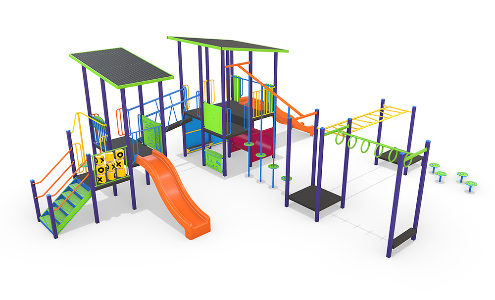 Perspective render of the AP7313A Wallowa Combination Unit featuring multiple activity panels, single and double slides, climbing elements and steel construction.