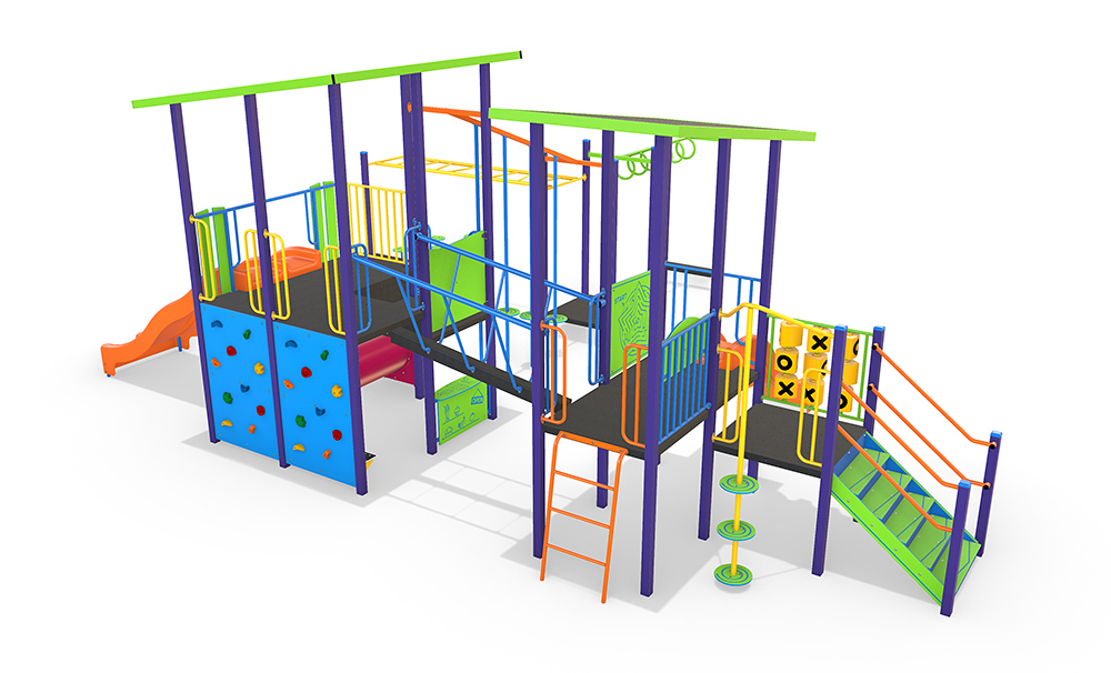 Side view render of the AP7313A Wallowa Combination Unit highlighting elevated platforms, interactive panels, access stairs and slide features.