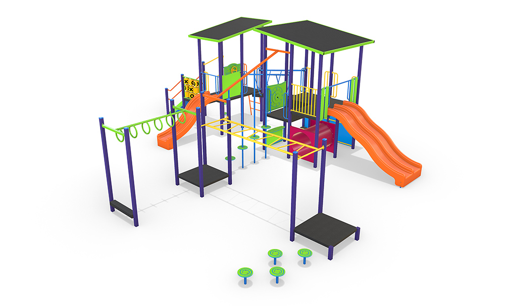 Alternate perspective render of the AP7313A Wallowa Combination Unit showing interconnected platforms, overhead agility elements and a mix of play activities for all ages.
