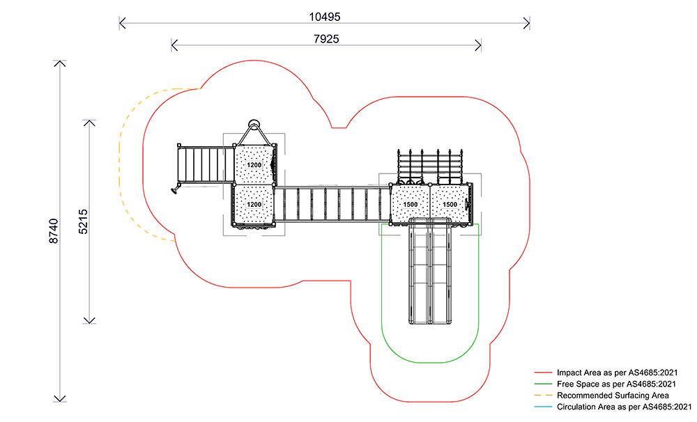 Site plan of the AP7326A Stratford Combination Unit showing overall dimensions, circulation areas, impact zones and compliant fall spaces.