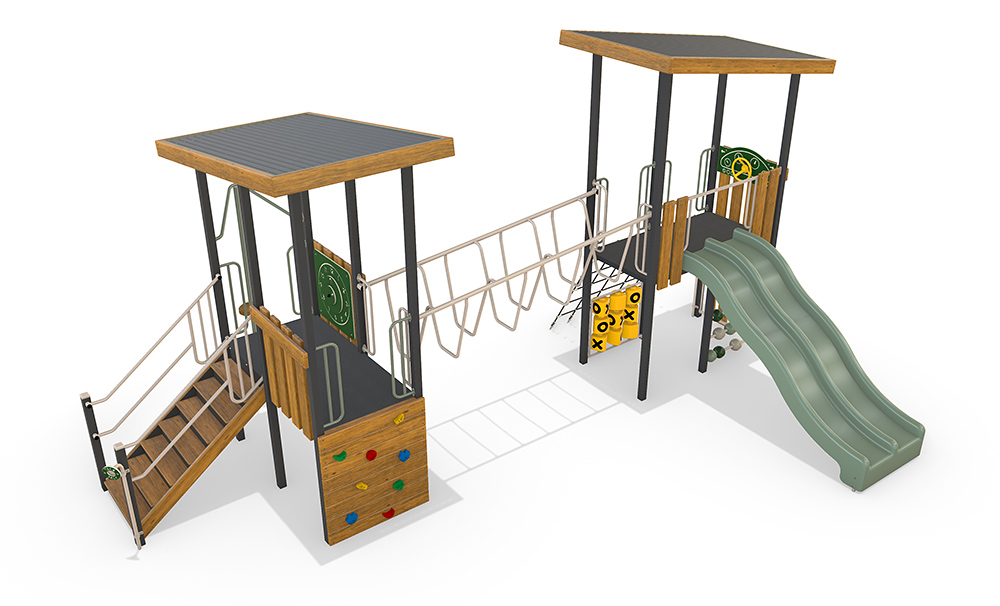 3D render of the AP7326A Stratford Combination Unit featuring two timber and steel play towers connected by a bridge and a double slide.