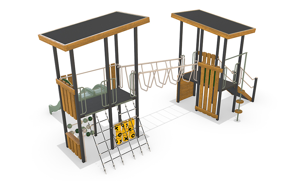 Angled 3D render of the AP7326A Stratford Combination Unit showing climbing panels, rope elements, elevated platforms and the double slide.