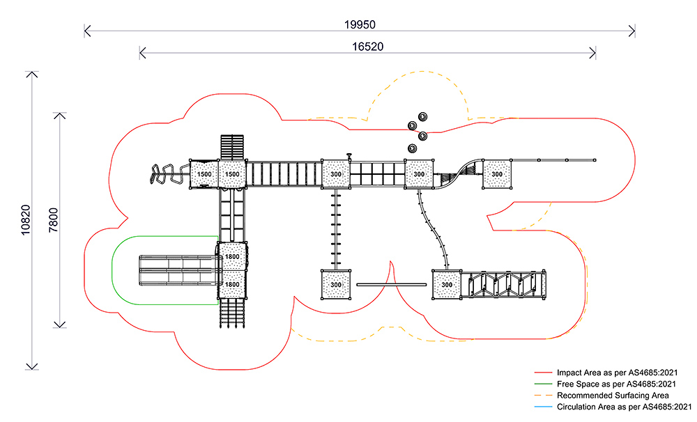 Plan view of the AP7329A Prospect Combination Unit showing overall layout, platforms, climbing elements, slides, and required impact and circulation zones.