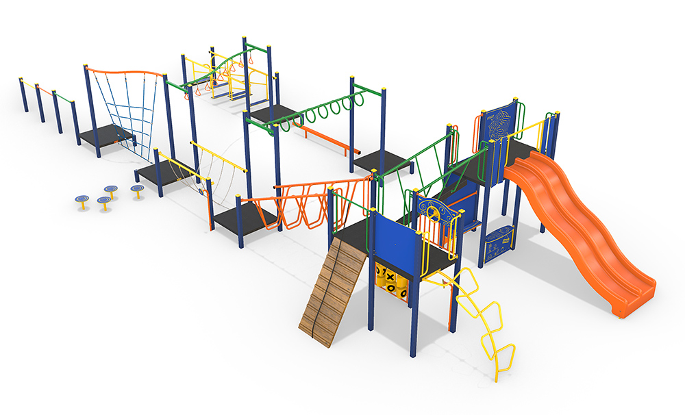 Angled view of the AP7329A Prospect Combination Unit highlighting interconnected platforms, rope climbs, balance elements, and interactive activity panels.