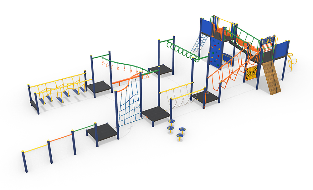 Wide view of the AP7329A Prospect Combination Unit showing open platforms, climbing challenges, balance components, and an accessible, roof-free design suitable for shade sail installations.