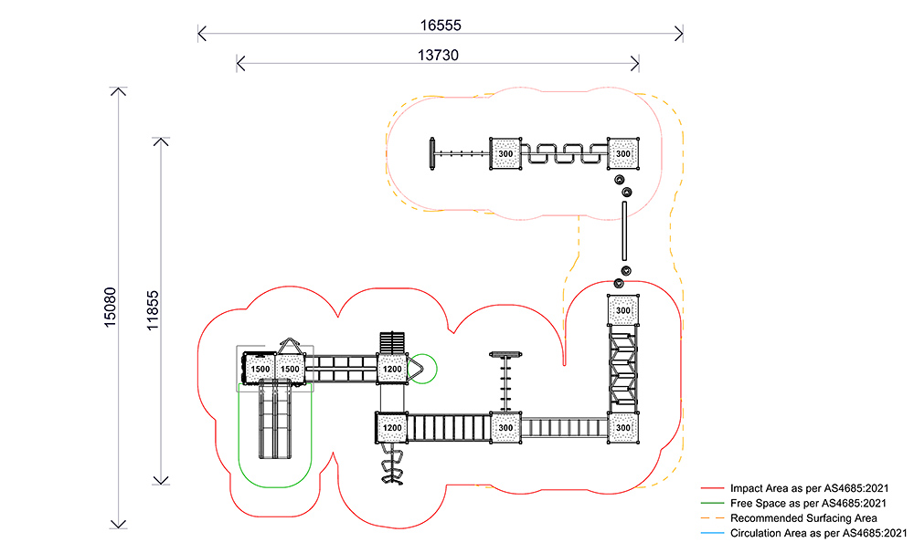 Plan view of the Carter Combination Unit from the Fortitude range showing impact zones, circulation space, and layout of climbing, balance, and traversal elements.