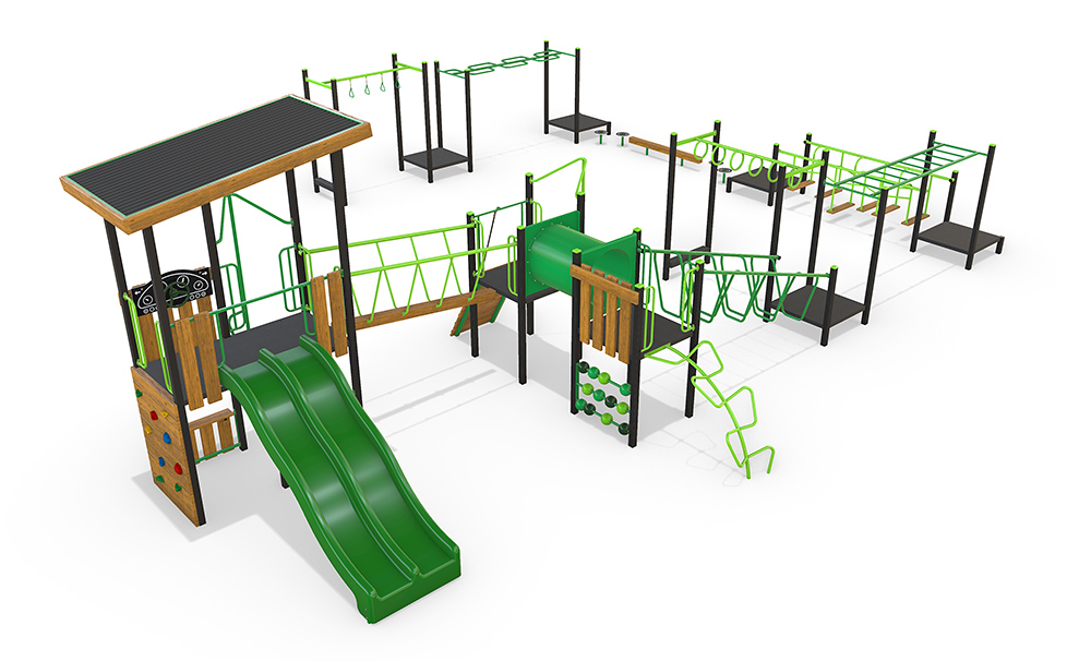 Angled view of the Carter Combination Unit highlighting interconnected balance trails, overhead climbing elements, timber accents, and steel support structures.
