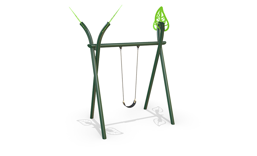 3D render of the Single Native Swing featuring a steel frame with curved top design and one swing seat.
