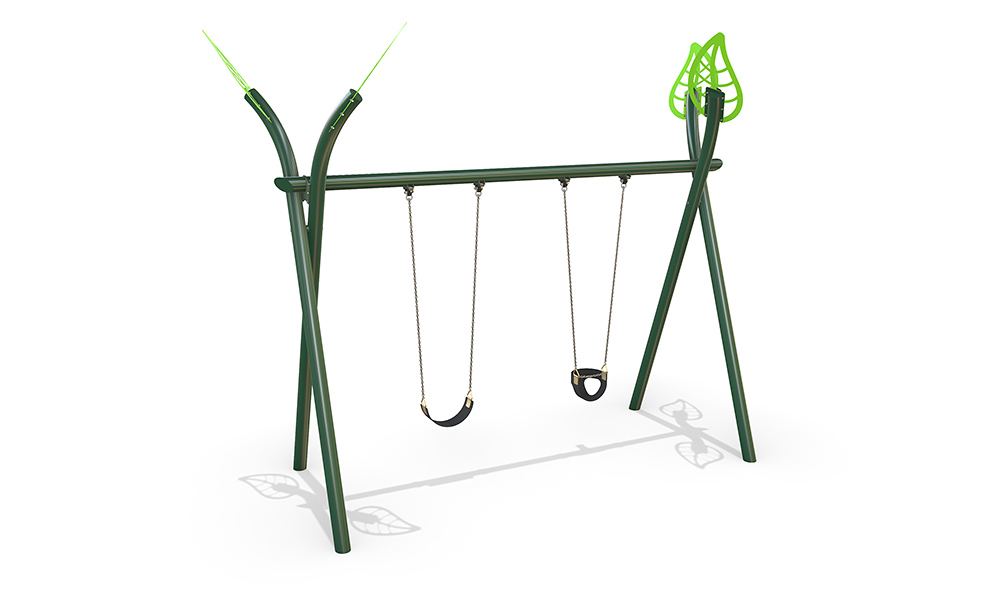 3D render of the Double Native Swing featuring a steel Native frame with two swing seats and curved top.