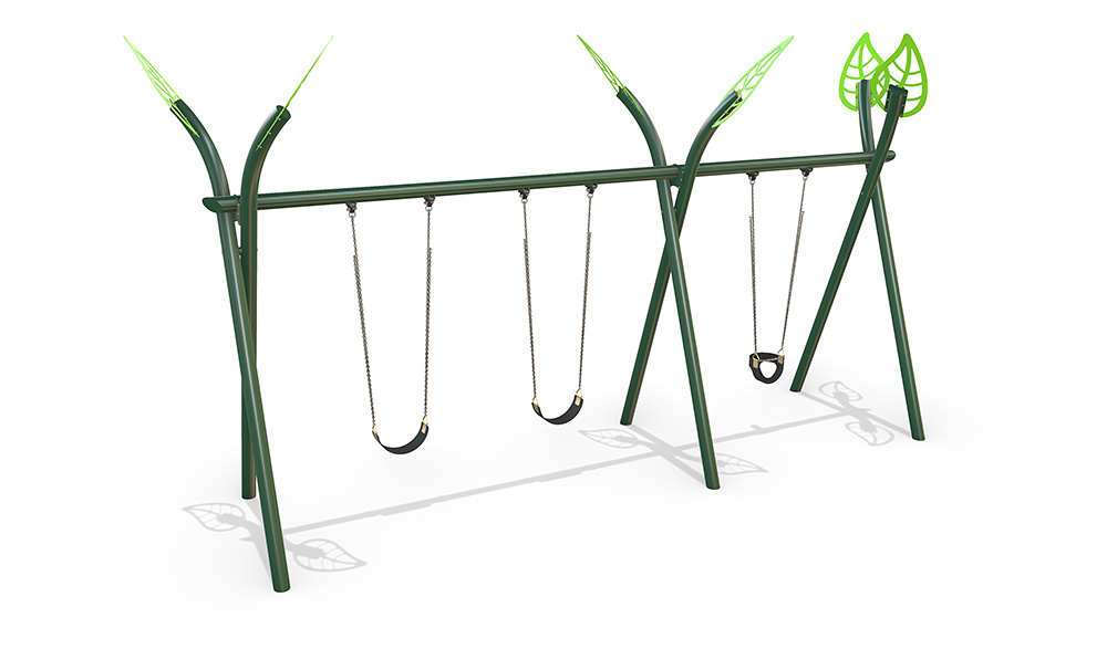 3D render of the Triple Native Swing showing a steel Native frame with three swing seats and curved top design.