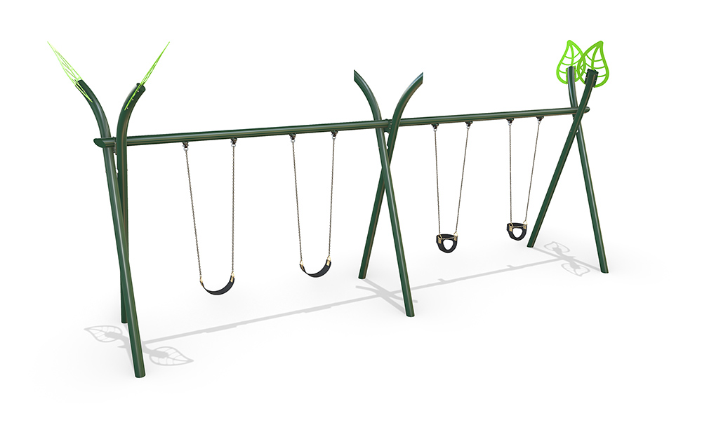 3D render of the Quadruple Native Swing featuring a steel Native frame with four swing seats and curved top.