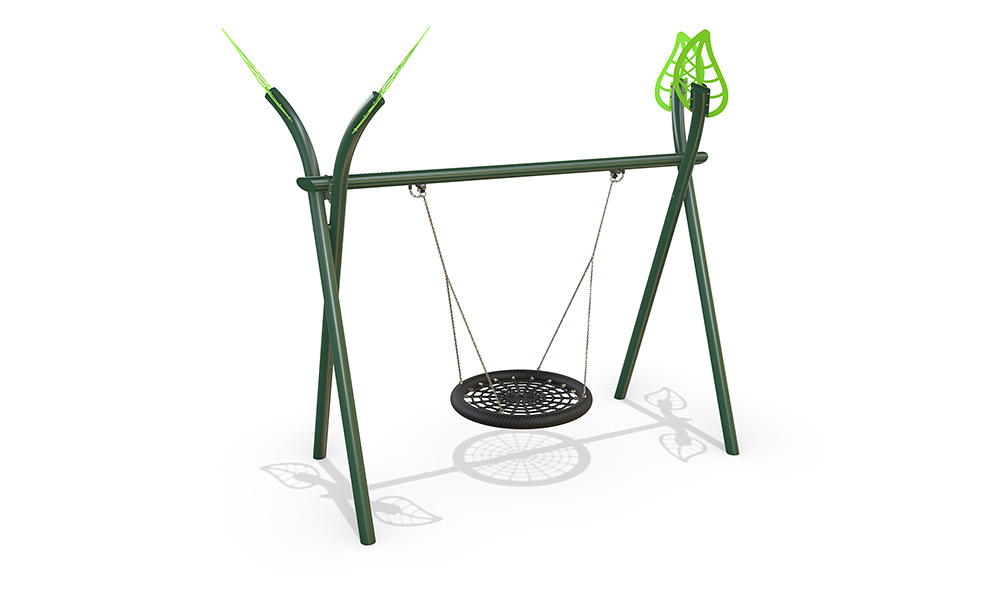 3D render of the Native Birds Nest Swing with a steel frame, curved top design and inclusive birds nest seat.
