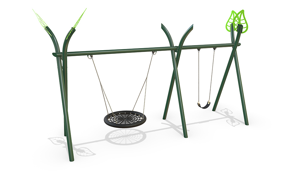 3D render of the Native Birds Nest with Single Swing showing a steel Native frame, birds nest seat and one traditional swing.