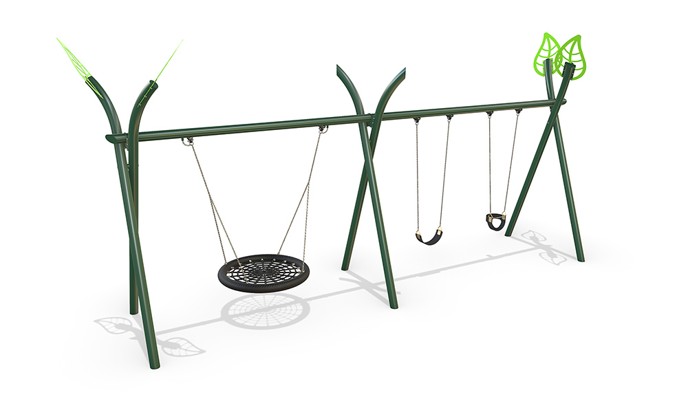 3D render of the Native Birds Nest with Double Swing featuring a steel Native frame, birds nest seat and two traditional swings.