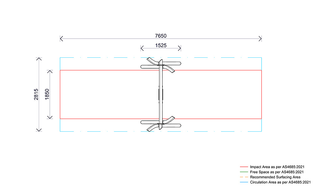 Plan view of the Single Native Swing showing overall dimensions, impact zones and compliant fall areas.