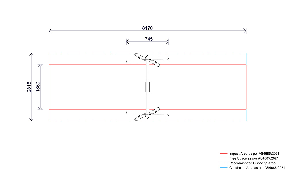 Plan view of the Single Native Swing showing overall dimensions, impact zones and compliant fall areas.