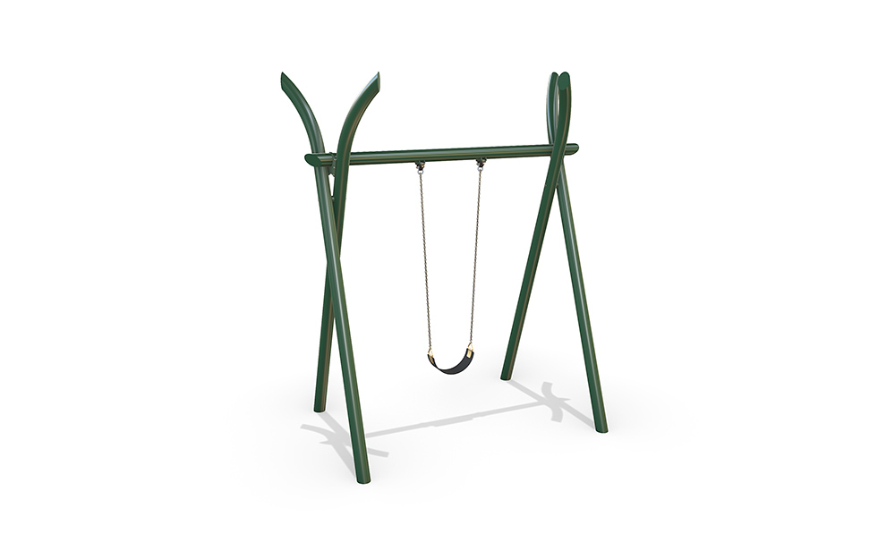 3D render of the Single Native Swing featuring a steel frame with curved top design and one swing seat.