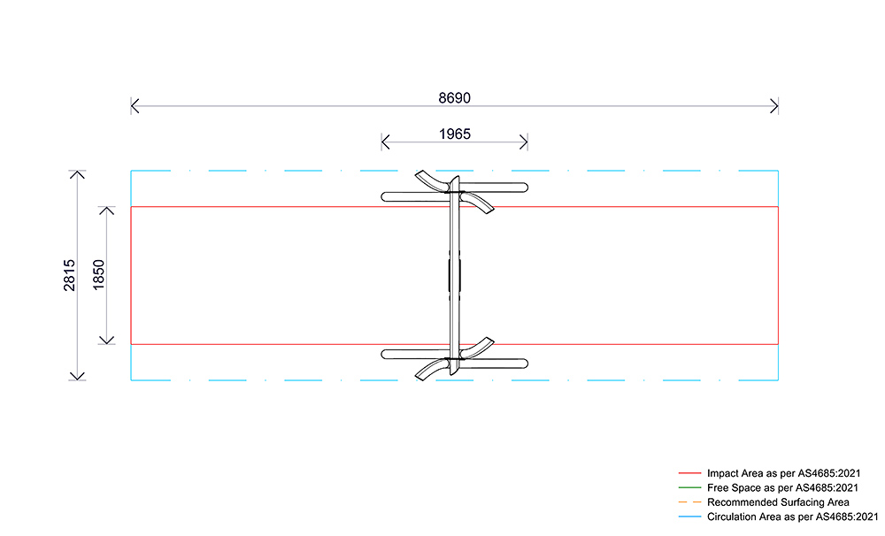 Plan view of the Single Native Swing showing overall dimensions, impact zones and compliant fall areas.