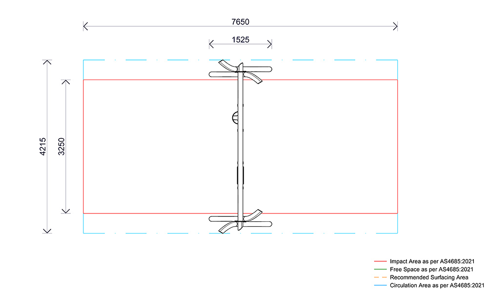 Plan view of the Double Native Swing showing layout, circulation space, impact zones and fall areas.