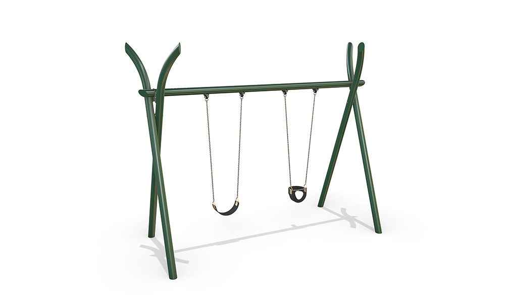 3D render of the Double Native Swing featuring a steel Native frame with two swing seats and curved top.