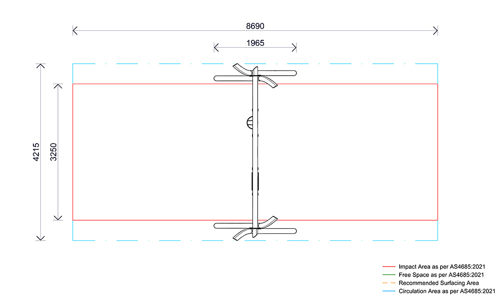 Plan view of the Double Native Swing showing layout, circulation space, impact zones and fall areas.