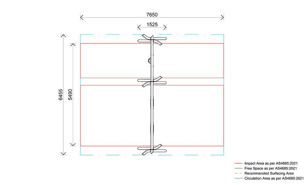Plan view of the Triple Native Swing illustrating swing spacing, overall dimensions and safety zones.