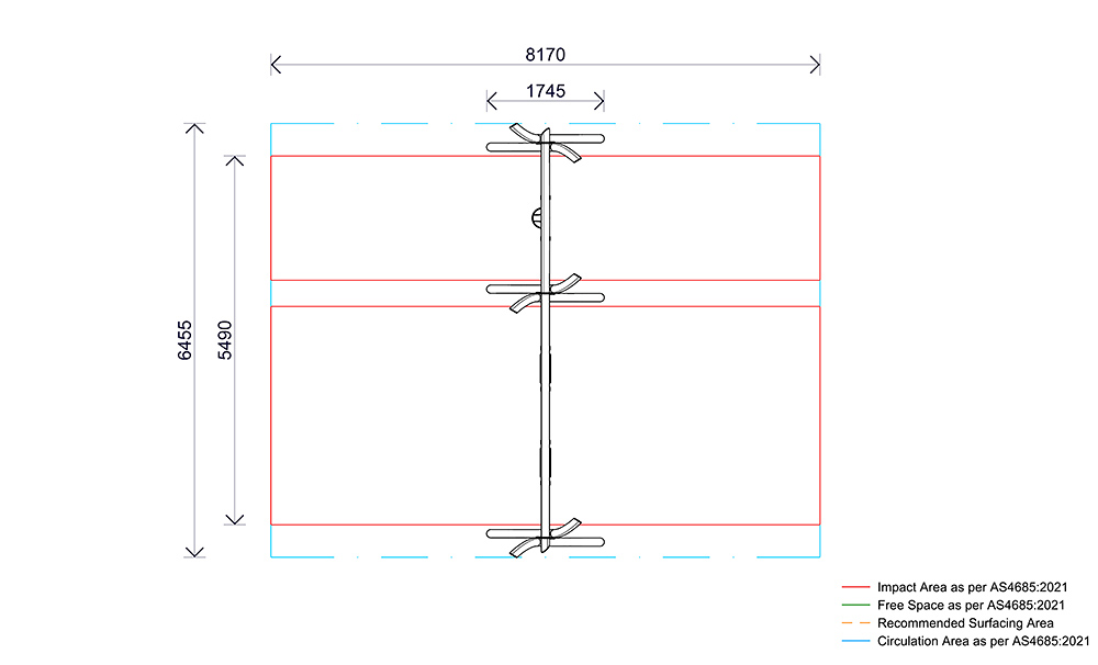 Plan view of the Triple Native Swing illustrating swing spacing, overall dimensions and safety zones.