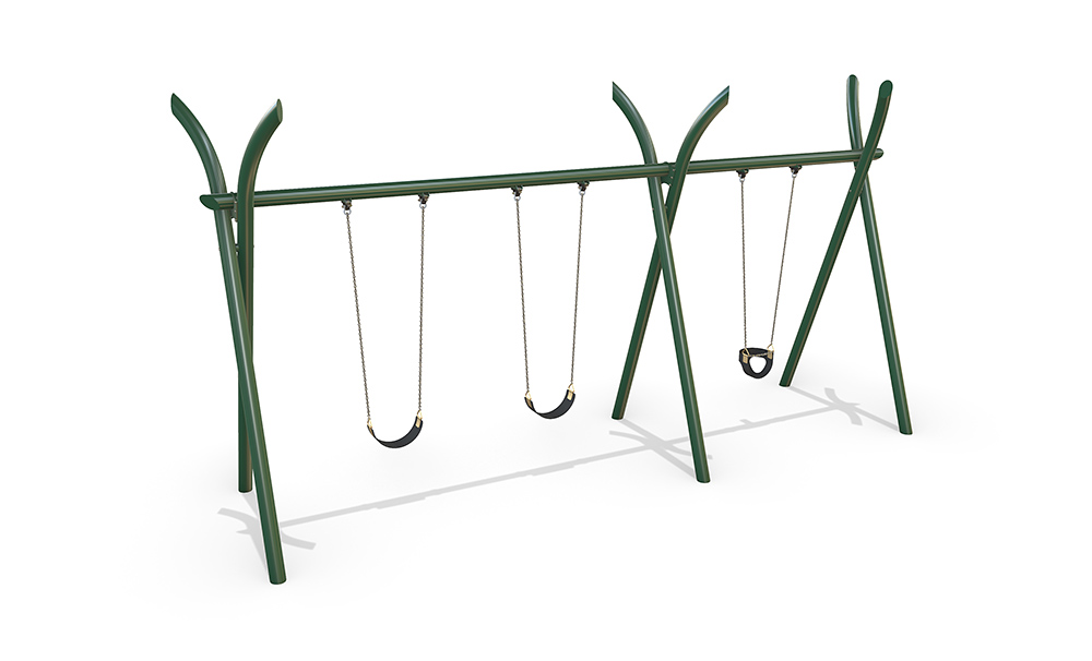 3D render of the Triple Native Swing showing a steel Native frame with three swing seats and curved top design.