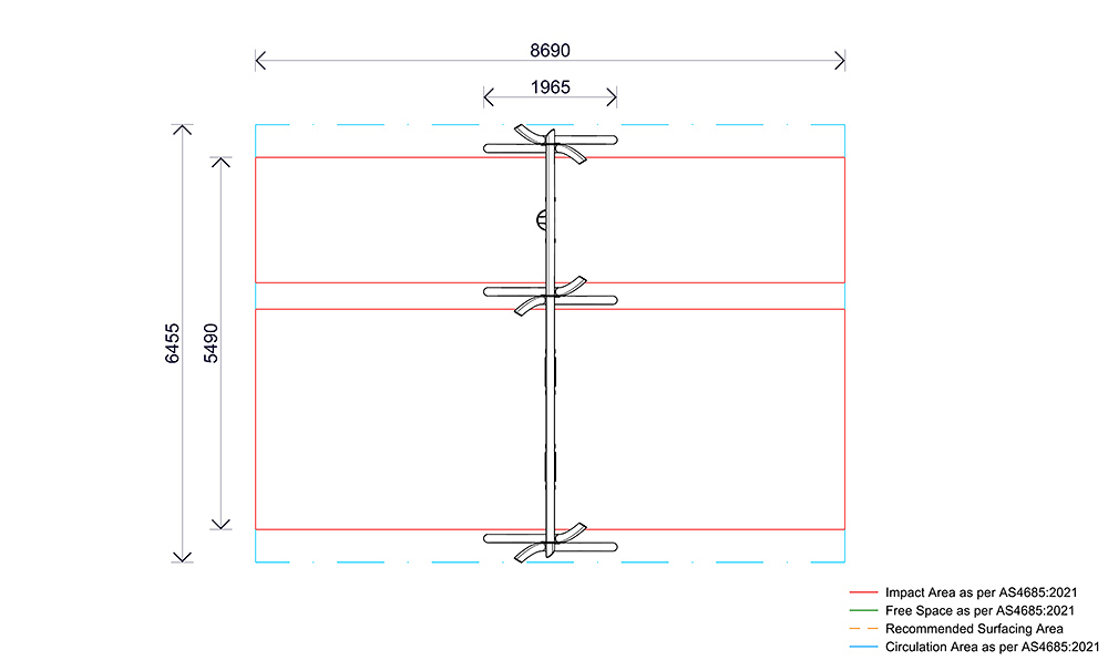 Plan view of the Triple Native Swing illustrating swing spacing, overall dimensions and safety zones.