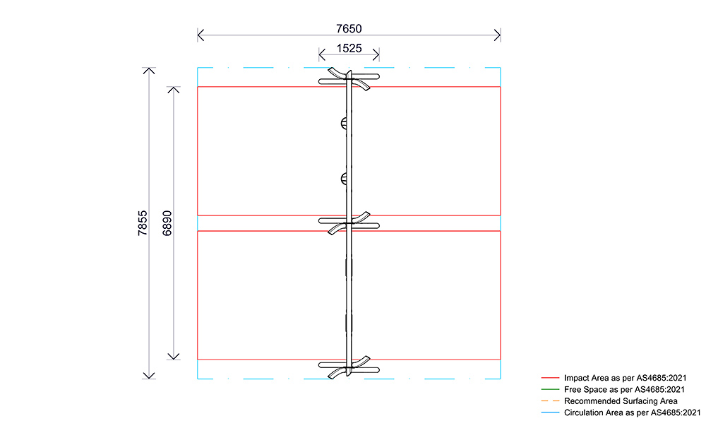 Plan view of the Quadruple Native Swing showing layout, impact areas and compliant fall zones.