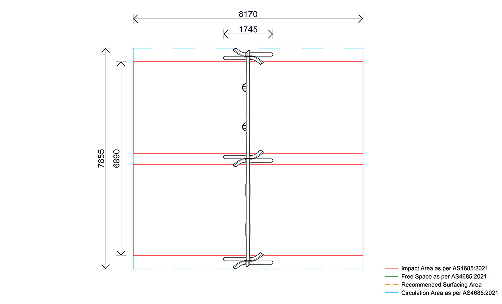 Plan view of the Quadruple Native Swing showing layout, impact areas and compliant fall zones.
