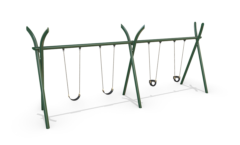 3D render of the Quadruple Native Swing featuring a steel Native frame with four swing seats and curved top.
