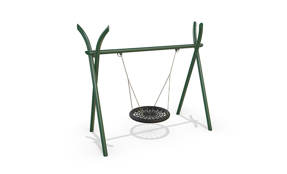 3D render of the Native Birds Nest Swing with a steel frame, curved top design and inclusive birds nest seat.