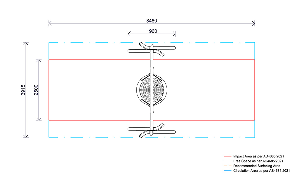 Plan view of the Native Birds Nest Swing showing overall footprint, impact zones and fall areas.