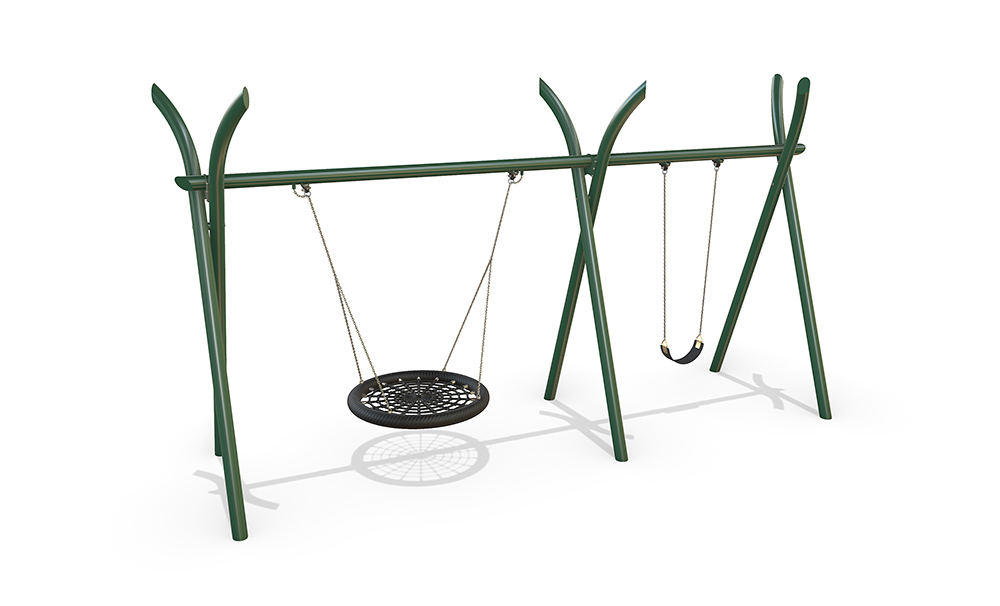 3D render of the Native Birds Nest with Single Swing showing a steel Native frame, birds nest seat and one traditional swing.