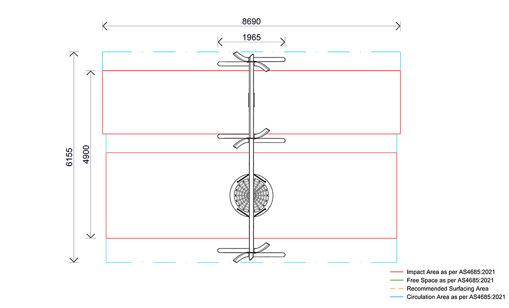 Plan view of the Native Birds Nest with Single Swing showing combined swing layout, circulation space and safety zones.