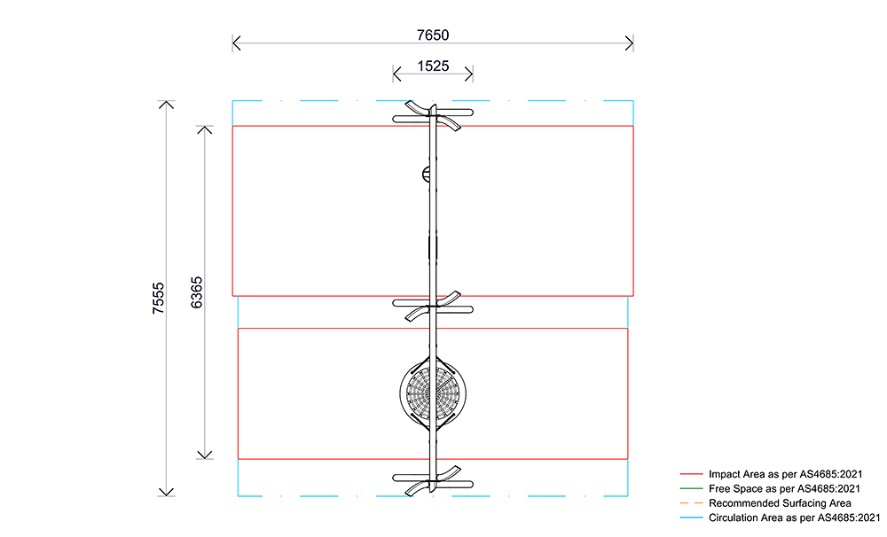 Plan view of the Native Birds Nest with Double Swing showing swing arrangement, impact areas and fall zones.