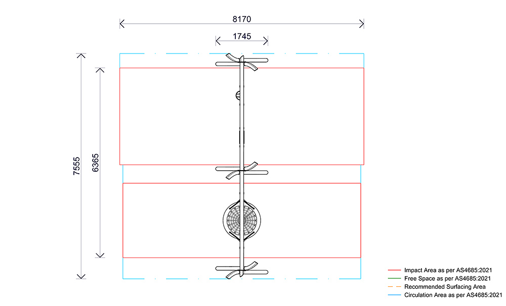 Plan view of the Native Birds Nest with Double Swing showing swing arrangement, impact areas and fall zones.