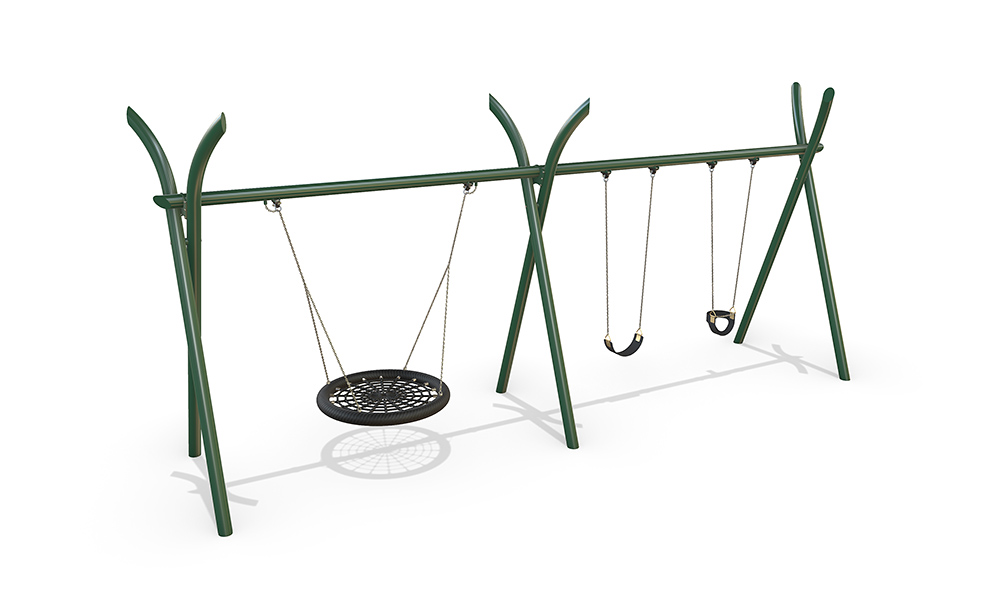 3D render of the Native Birds Nest with Double Swing featuring a steel Native frame, birds nest seat and two traditional swings.