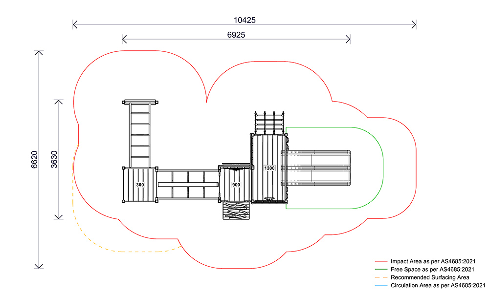 Plan view of the Robin Combination Unit showing layout, fall zones and circulation areas for preschool and early learning play.