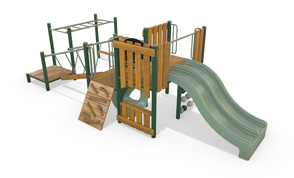Robin Combination Unit featuring a double slide, timber platforms and low-level monkey bars, designed for preschools and early learning centres.