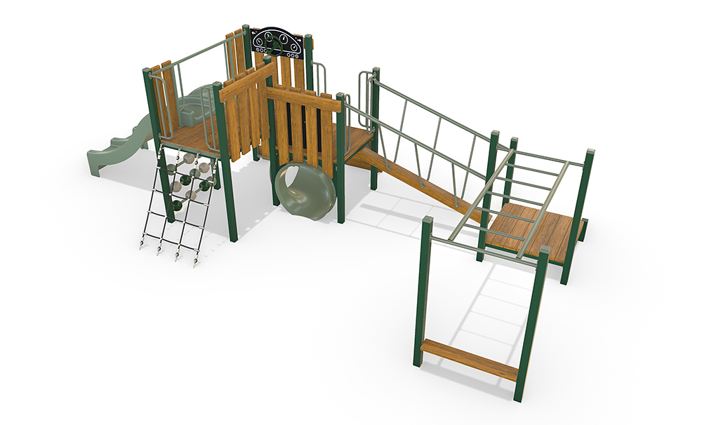 Angled view of the Robin Combination Unit highlighting accessible platforms, climbing elements and inclusive double slide for early years play.