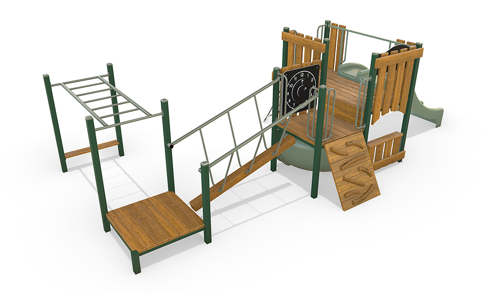Side view of the Robin Combination Unit showing timber ramps, low monkey bars and connected play platforms for developing strength and coordination.
