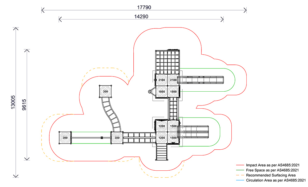 Site plan of the AP7457A Sandgate Combination Unit showing overall dimensions, circulation areas, impact zones and compliant fall spaces.
