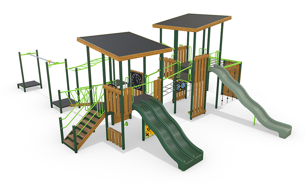 3D render of the AP7457A Sandgate Combination Unit featuring multiple timber and steel play towers, double slides, climbing elements and open play spaces beneath platforms.