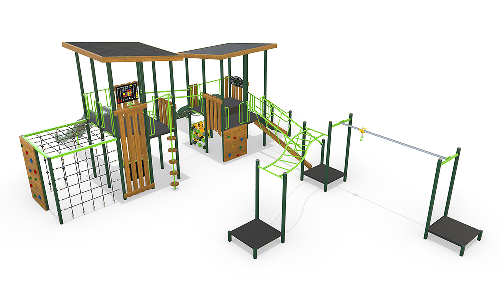 Angled 3D render of the AP7457A Sandgate Combination Unit highlighting the integrated climbing cube, rope challenges, bridges and elevated platforms.