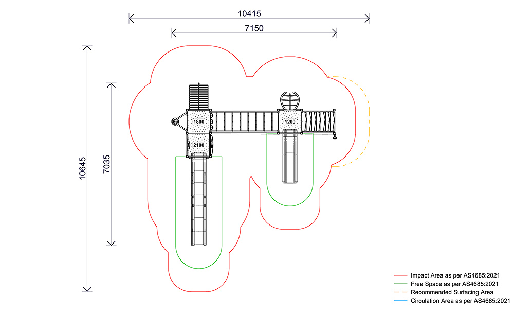 Site plan of the AP7458A Edenhope Combination Unit showing overall dimensions, circulation areas, impact zones and compliant fall spaces.