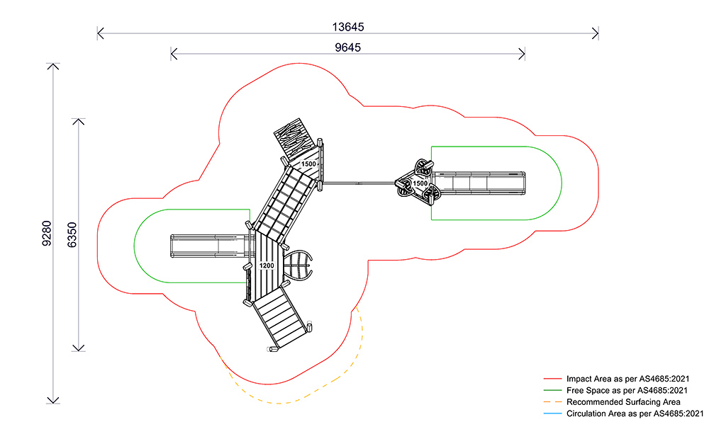 Plan view of the Banksia Combination Unit from the Native range showing layout, platforms, climbing elements, slides and required impact zones.