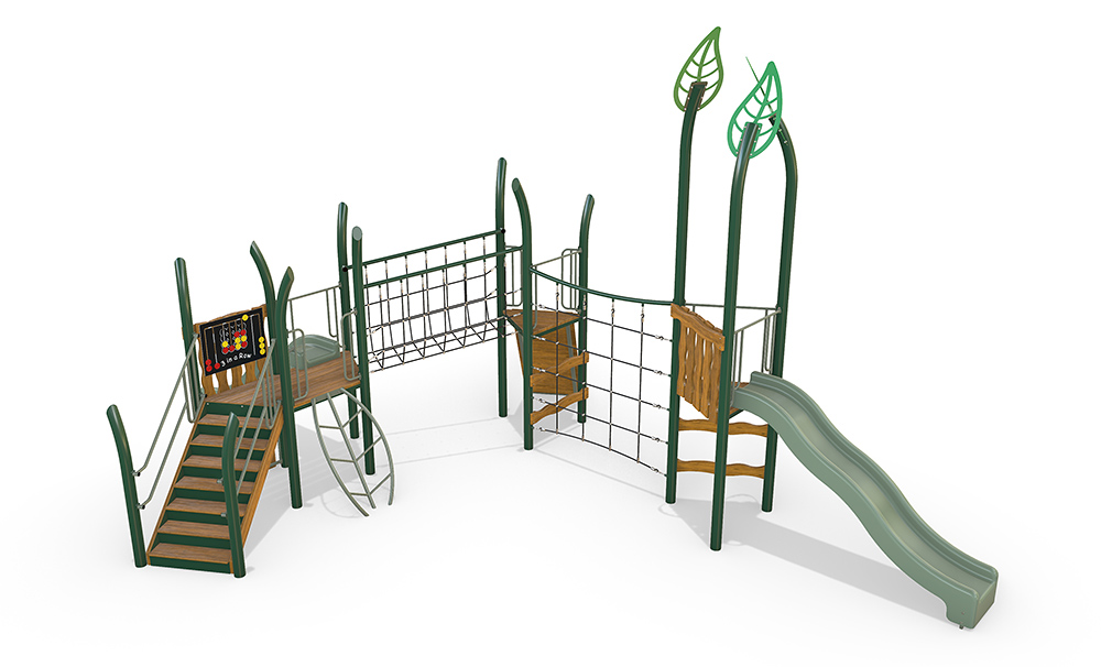 Perspective view of the Banksia Combination Unit featuring timber platforms, climbing nets, dual slides and sculptural leaf facades.
