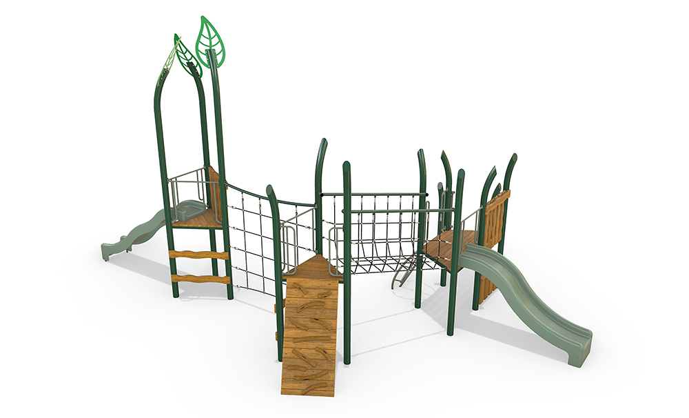 Alternate angle of the Banksia Combination Unit highlighting rope traverses, timber detailing and leaf-inspired steel elements.